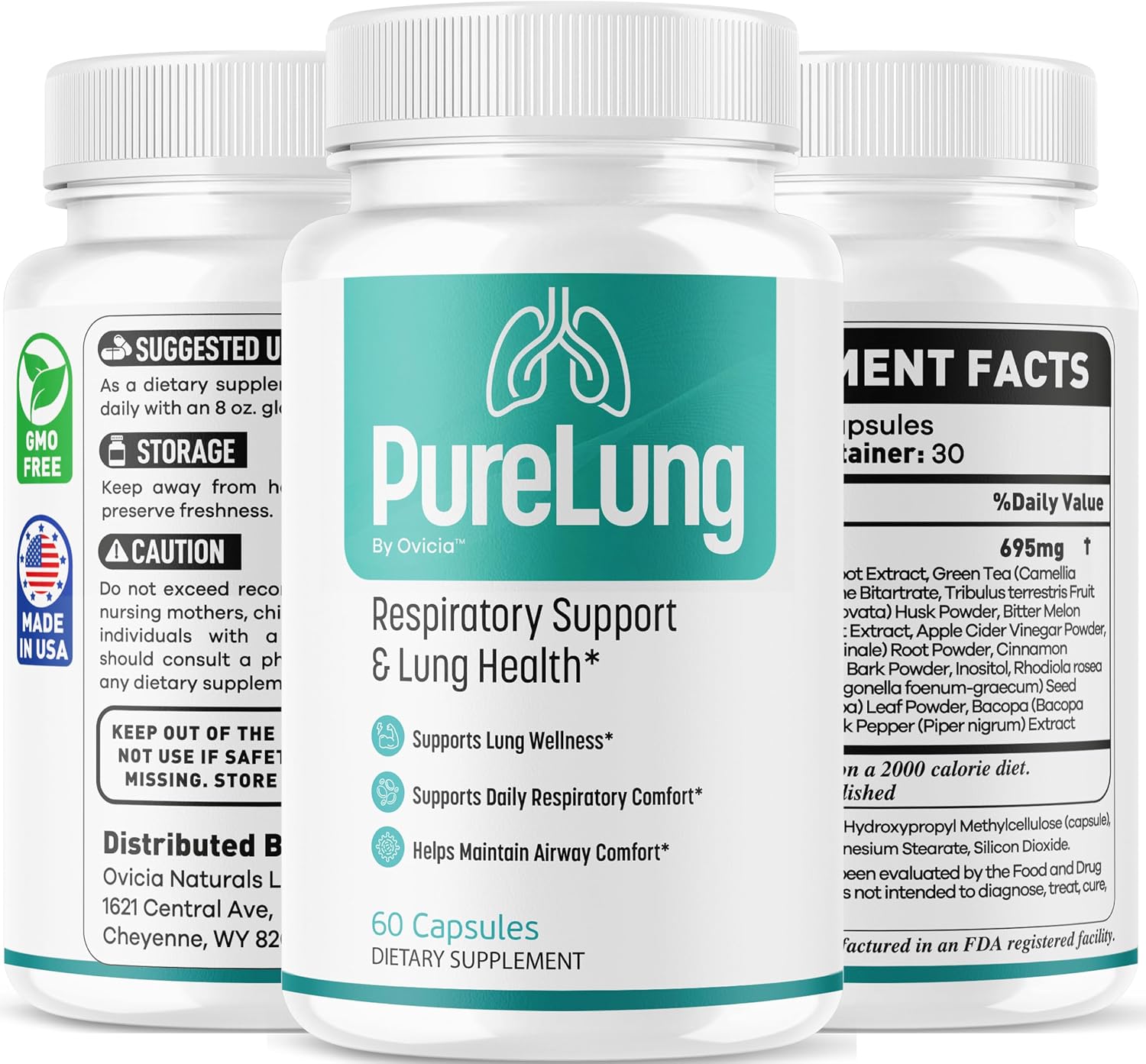 PureLung by Ovicia, 60 capsules dietary supplement bottle